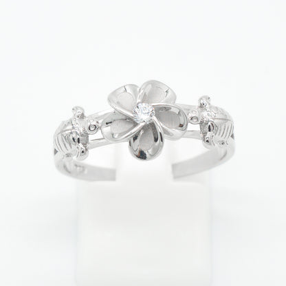 Plumeria Flower and Sea Turtle Band Ring - 925 Sterling Silver