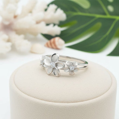 Triple Plumeria Flower Band Ring - 925 Sterling Silver