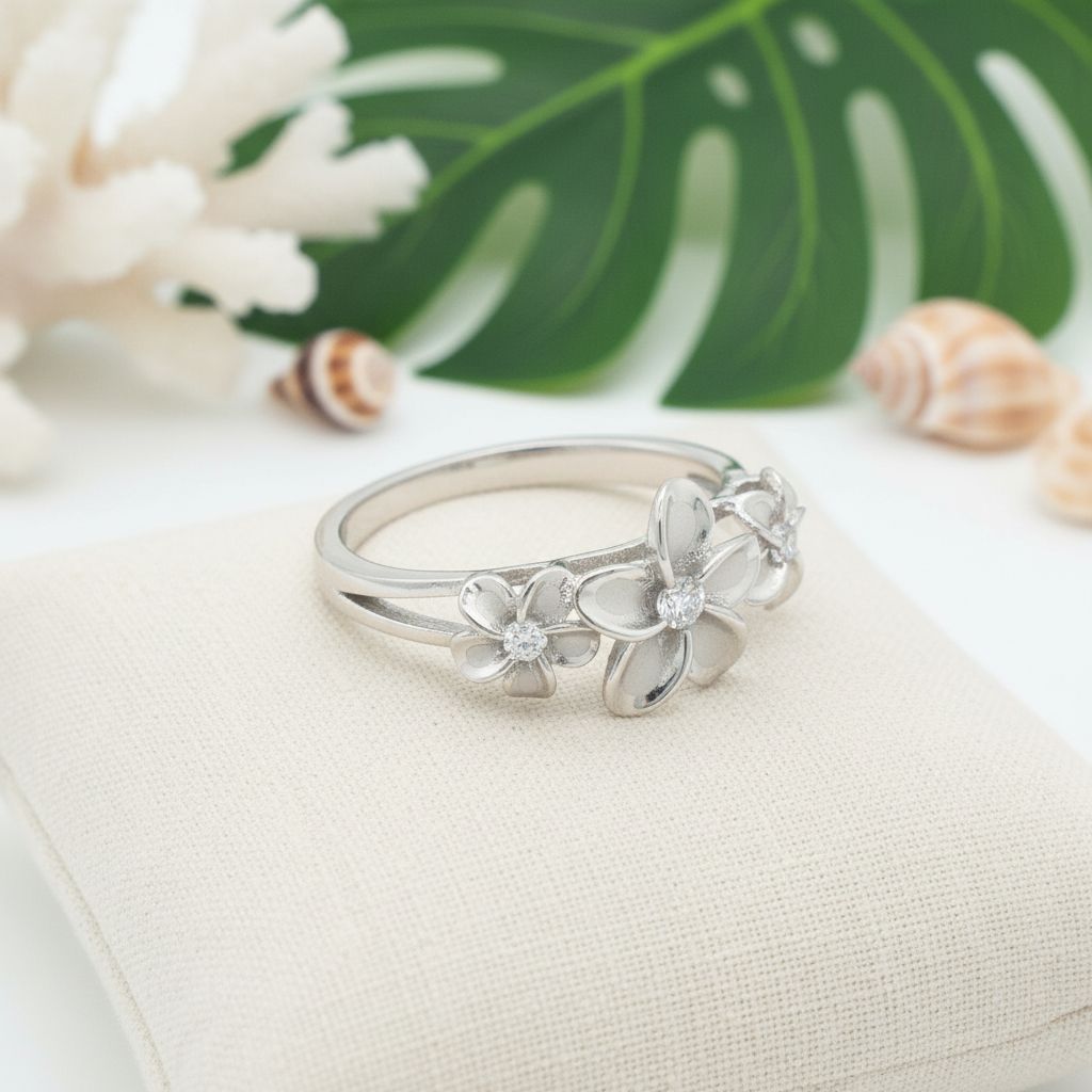 Triple Plumeria Flower Band Ring - 925 Sterling Silver