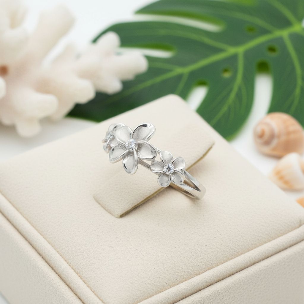 Triple Plumeria Flower Band Ring - 925 Sterling Silver
