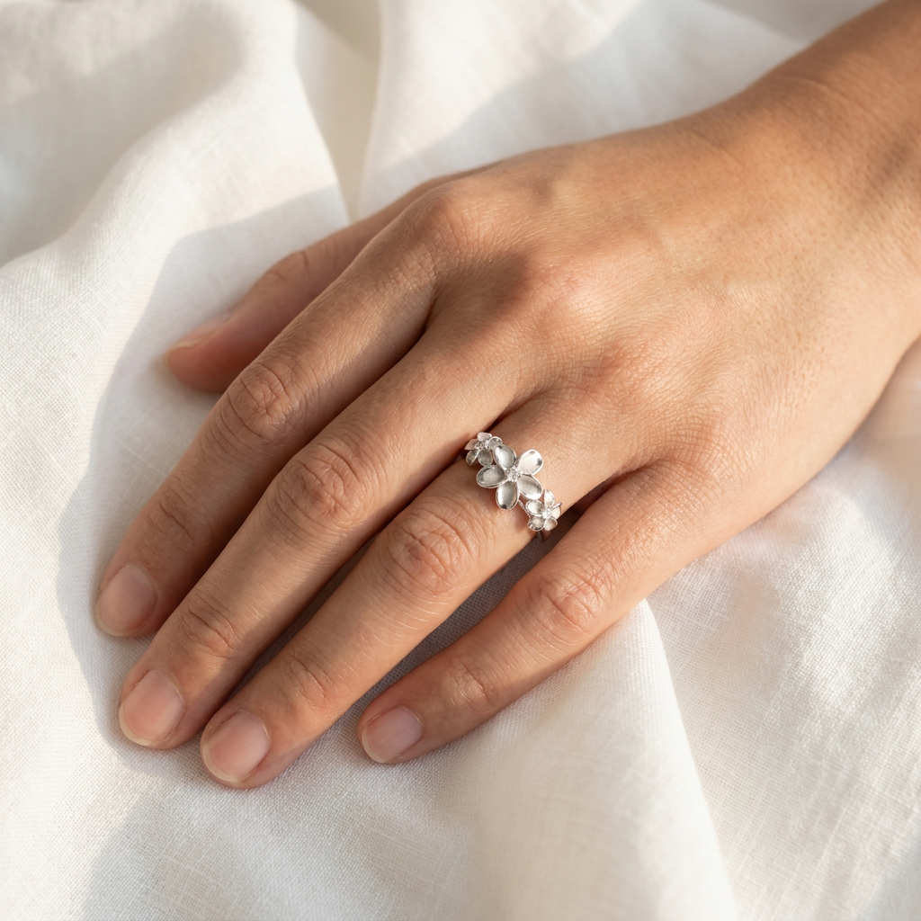 Triple Plumeria Flower Band Ring - 925 Sterling Silver