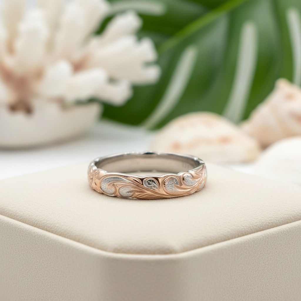 925 Sterling Silver Rose-Gold Plated 4mm Hawaiian Heirloom Flower Scroll Band Ring