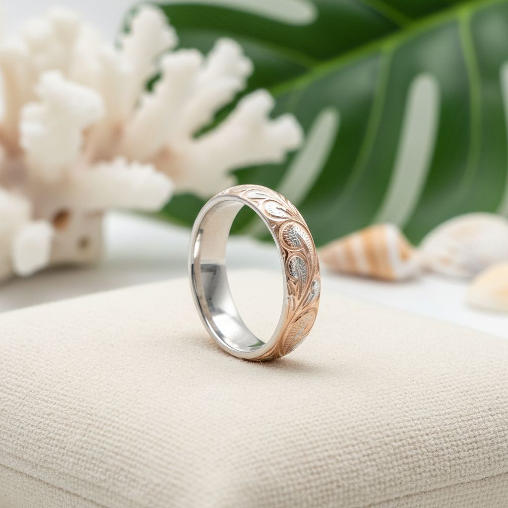 925 Sterling Silver Rose-Gold Plated 4mm Hawaiian Heirloom Flower Scroll Band Ring