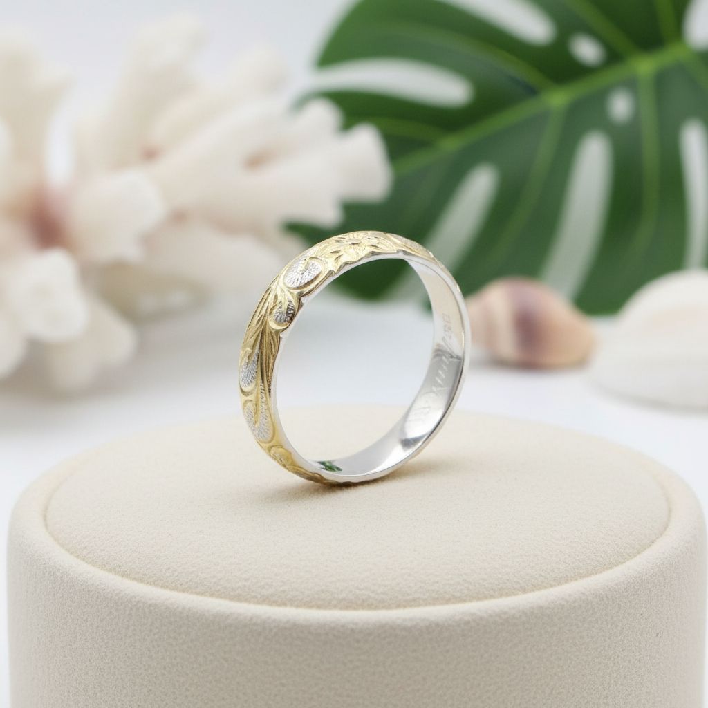 925 Sterling Silver Gold Plated 4mm Hawaiian Heirloom Flower Scroll Band Ring
