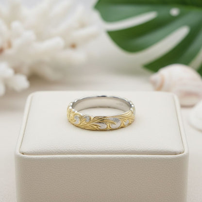 925 Sterling Silver Gold Plated 4mm Hawaiian Heirloom Flower Scroll Band Ring