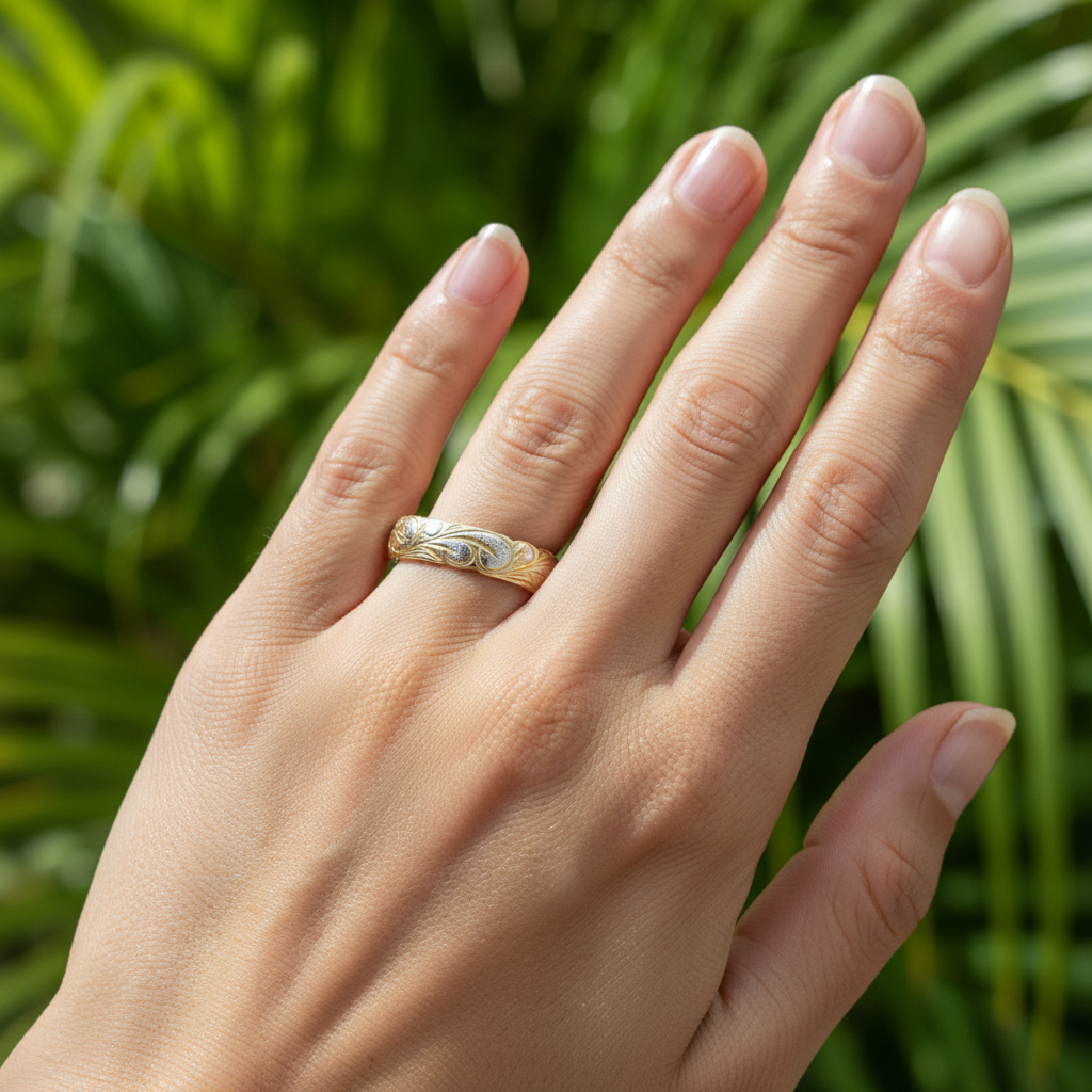 925 Sterling Silver Gold Plated 4mm Hawaiian Heirloom Flower Scroll Band Ring