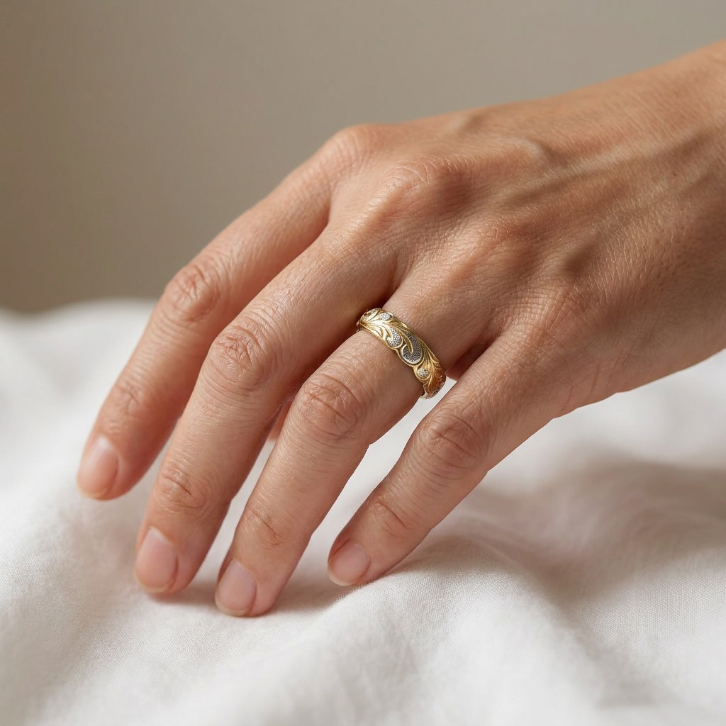 4mm Hawaiian Heirloom Scroll Band Ring - 14K Gold Plated 925 Sterling Silver