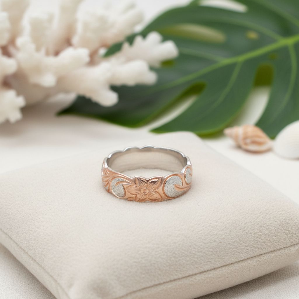 6mm Hawaiian Heirloom Scroll Band Ring - 14K Rose Gold Plated 925 Sterling Silver