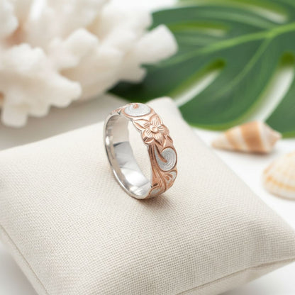 6mm Hawaiian Heirloom Scroll Band Ring - 14K Rose Gold Plated 925 Sterling Silver