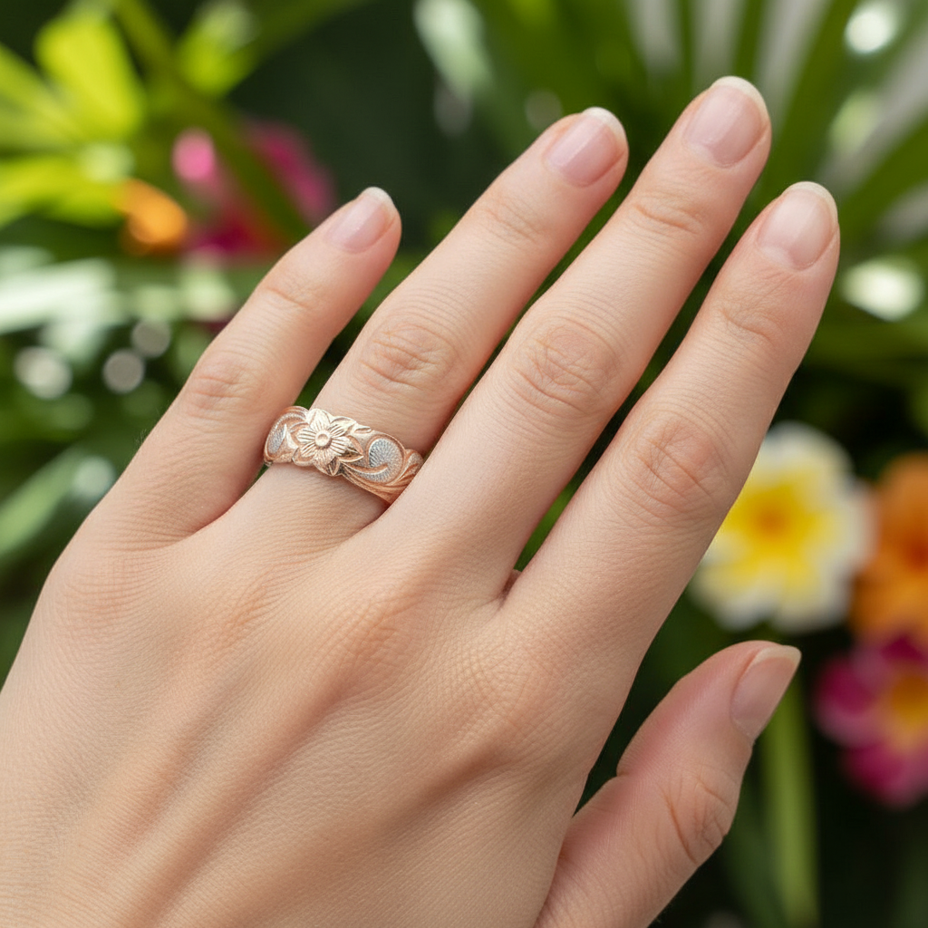 6mm Hawaiian Heirloom Scroll Band Ring - 14K Rose Gold Plated 925 Sterling Silver