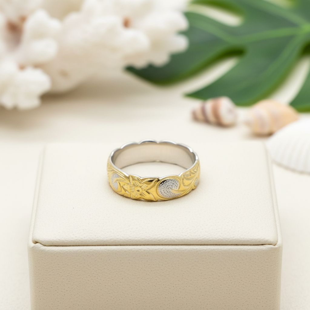 6mm Hawaiian Heirloom Scroll Band Ring - 14K Gold Plated 925 Sterling Silver