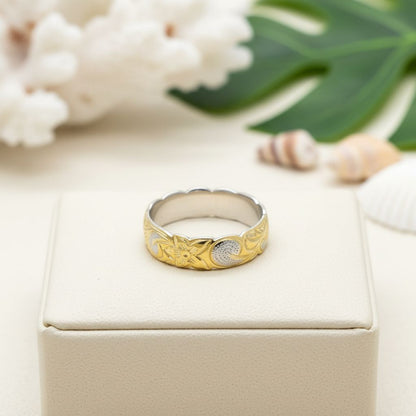 6mm Hawaiian Heirloom Scroll Band Ring - 14K Gold Plated 925 Sterling Silver