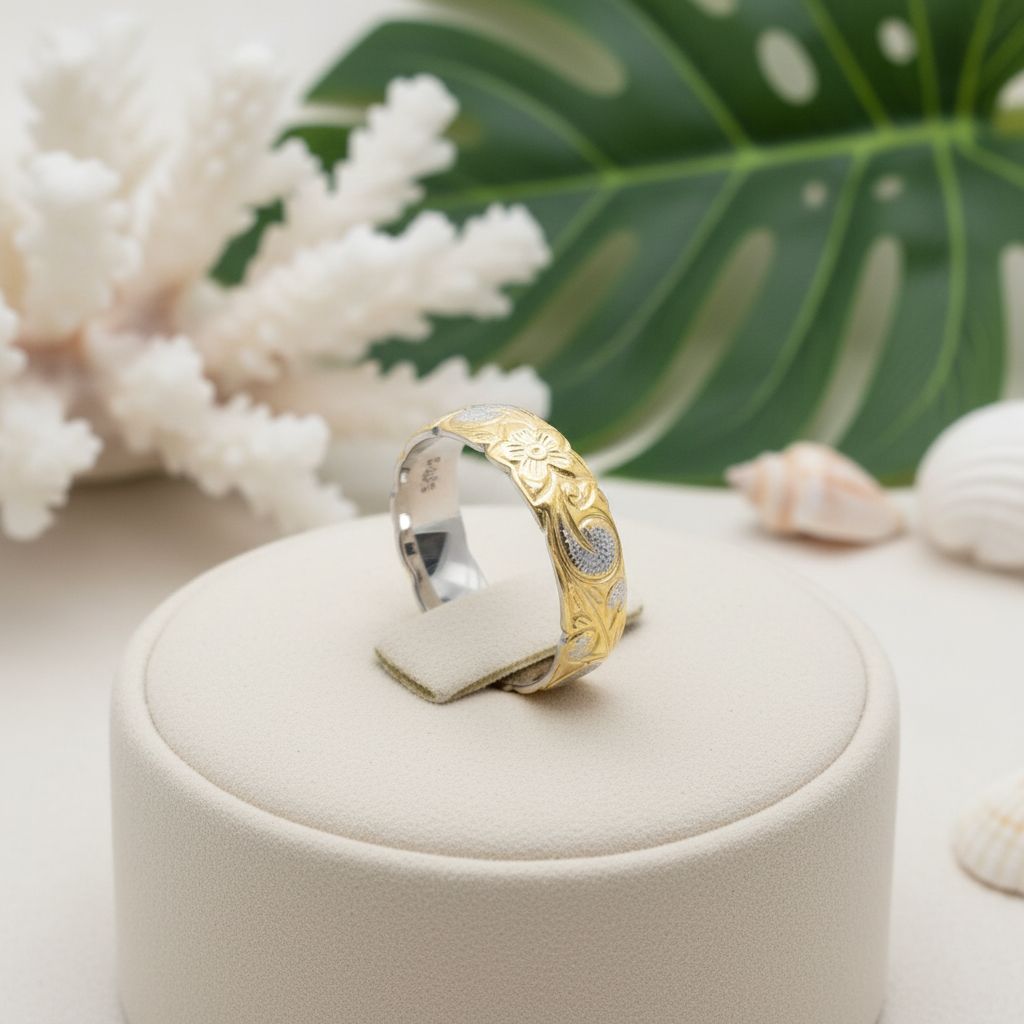 6mm Hawaiian Heirloom Scroll Band Ring - 14K Gold Plated 925 Sterling Silver