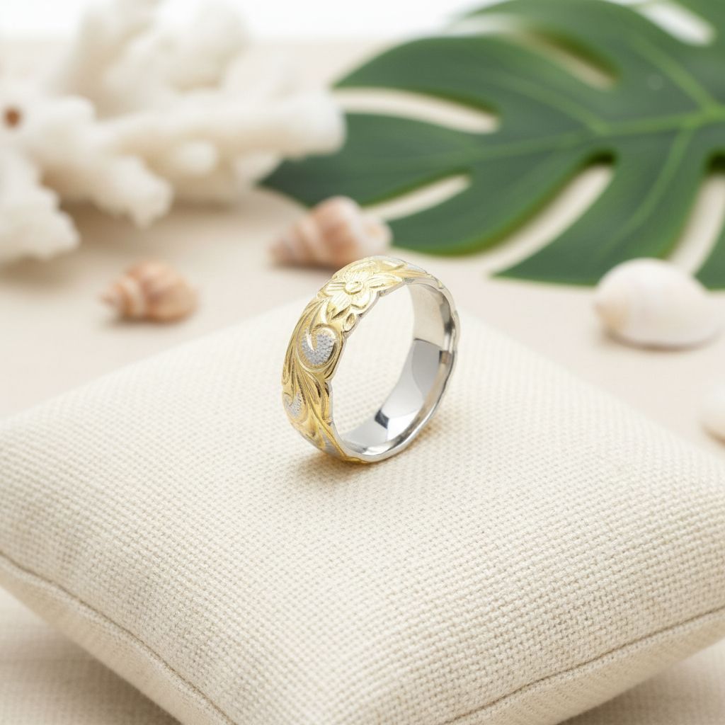 6mm Hawaiian Heirloom Scroll Band Ring - 14K Gold Plated 925 Sterling Silver