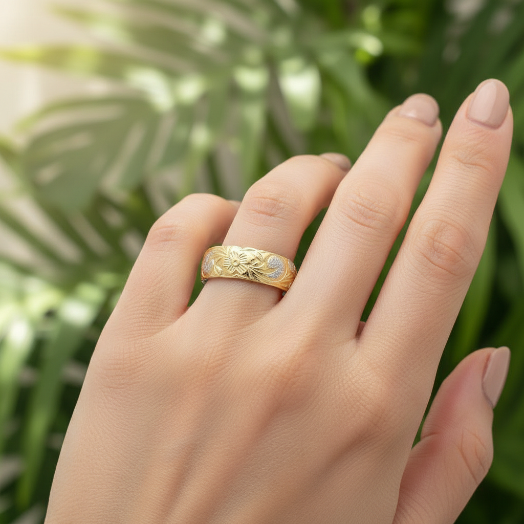 6mm Hawaiian Heirloom Scroll Band Ring - 14K Gold Plated 925 Sterling Silver