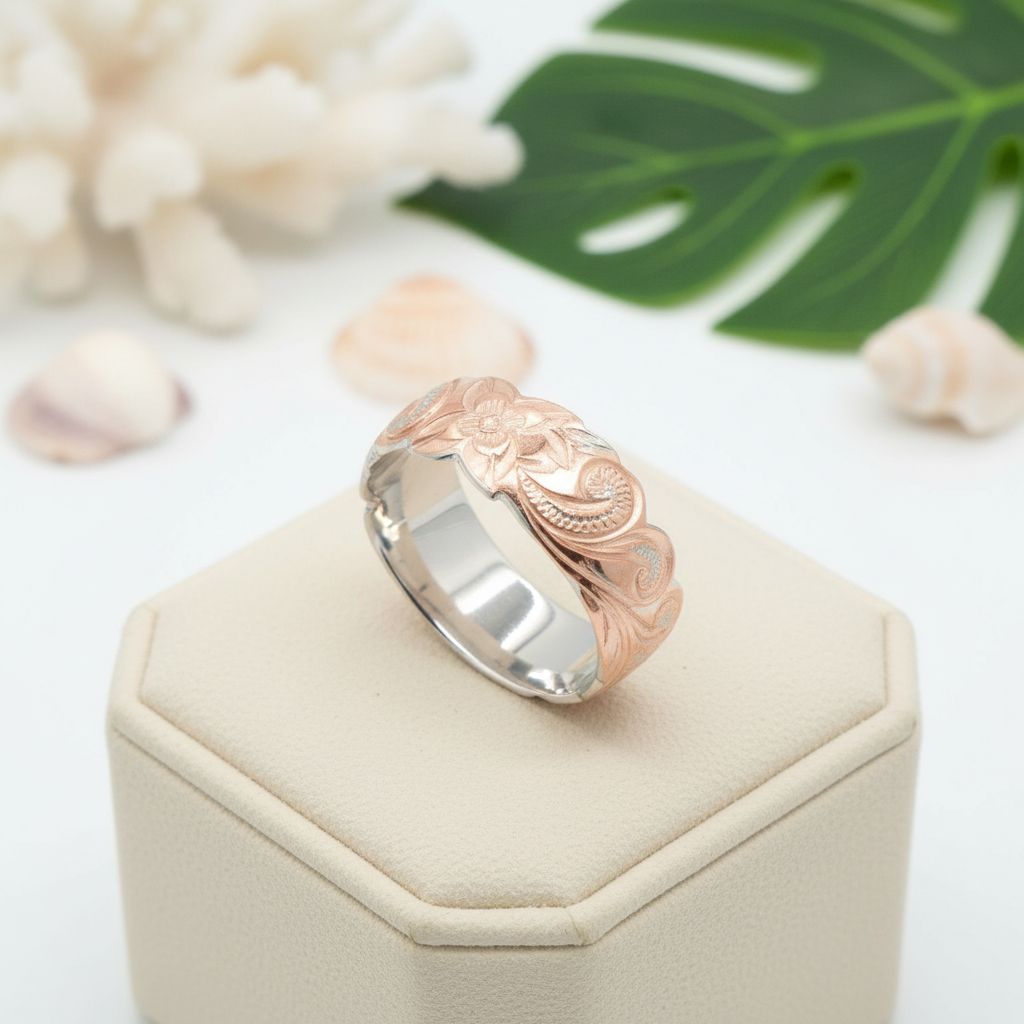 925 Sterling Silver 8mm Hawaiian Heirloom Flower Scroll Rose-Gold Plated Band Ring
