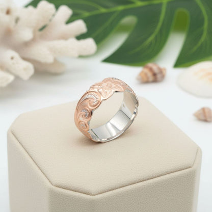 925 Sterling Silver 8mm Hawaiian Heirloom Flower Scroll Rose-Gold Plated Band Ring
