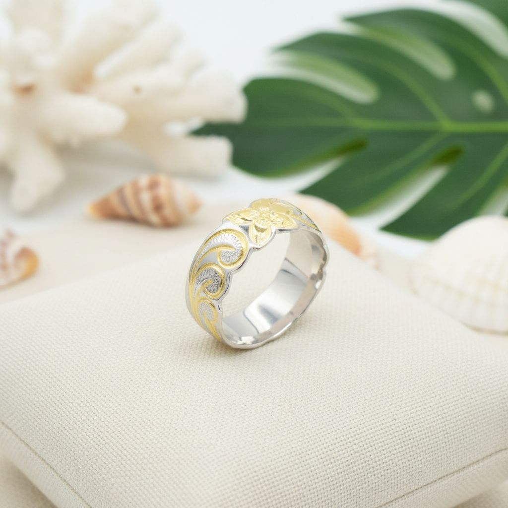 925 Sterling Silver 8mm Hawaiian Heirloom Flower Scroll Gold Plated Band Ring