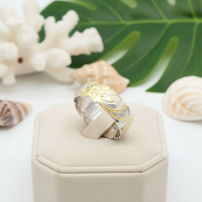925 Sterling Silver 8mm Hawaiian Heirloom Flower Scroll Gold Plated Band Ring