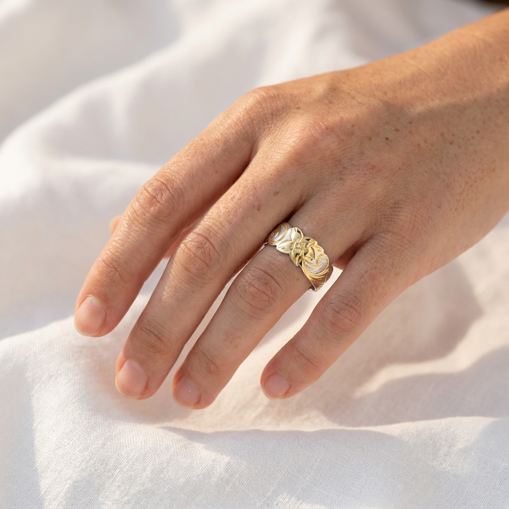 8mm Hawaiian Heirloom Scroll Band Ring - 14K Gold Plated 925 Sterling Silver