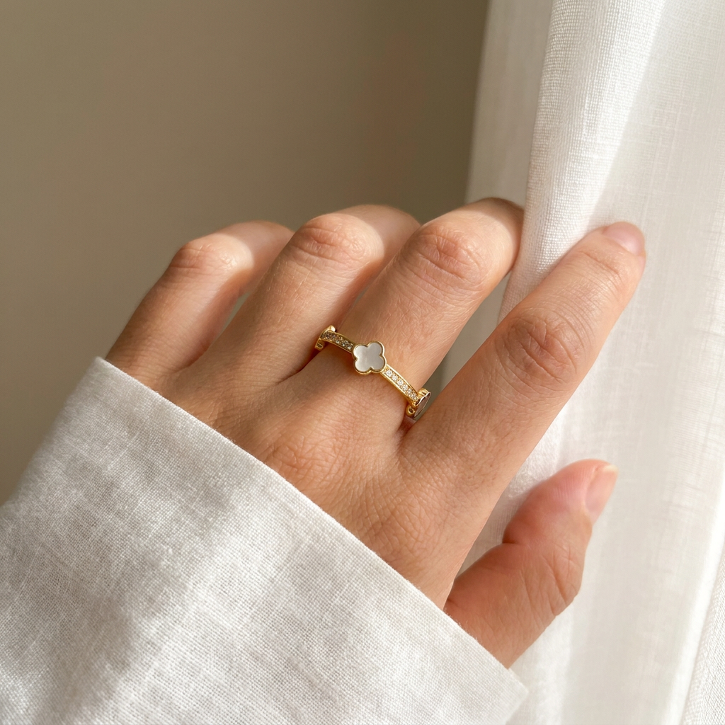 4-Leaf Clover Mother of Pearl Band Ring - 14K Gold Plated 925 Sterling Silver