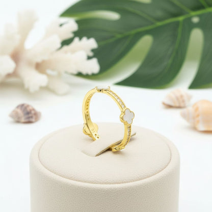 4-Leaf Clover Mother of Pearl Band Ring - 14K Gold Plated 925 Sterling Silver