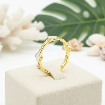 4-Leaf Clover Mother of Pearl Band Ring - 14K Gold Plated 925 Sterling Silver
