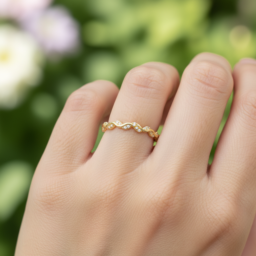 925 Sterling Silver Gold Plated Eternity Vine Cubic Zirconia Band Ring