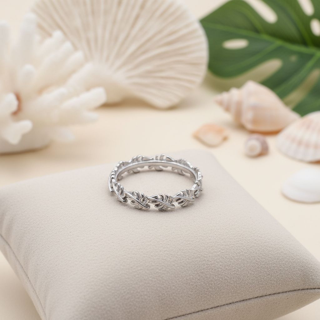 Eternity Hawaiian Monstera Leaves Lei Band Ring - 925 Sterling Silver