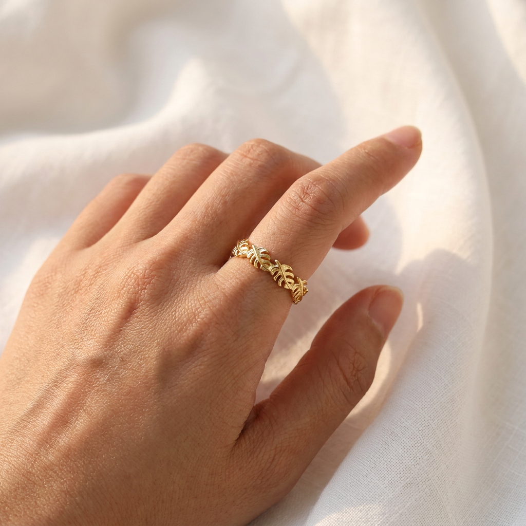 Eternity Hawaiian Monstera Leaves Lei Band Ring - 925 Sterling Silver