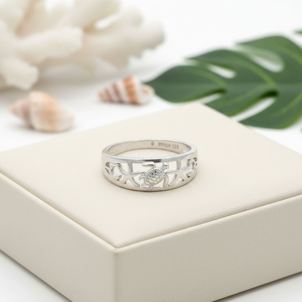 Hawaiian Sea Turtle and Starfish Band Ring - 925 Sterling Silver