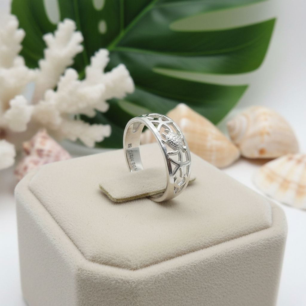 Hawaiian Sea Turtle and Starfish Band Ring - 925 Sterling Silver