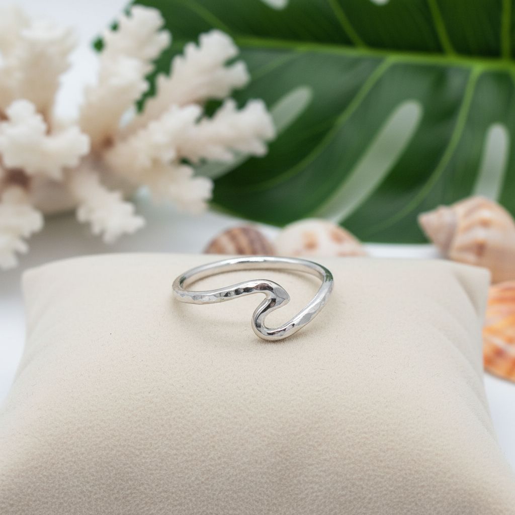 925 Sterling Silver Hawaiian Hammered Line Ocean Wave Band Ring