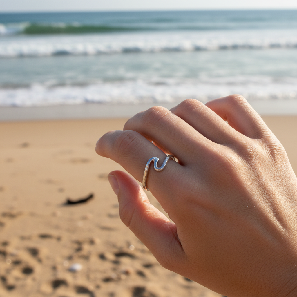 925 Sterling Silver Hawaiian Hammered Line Ocean Wave Band Ring