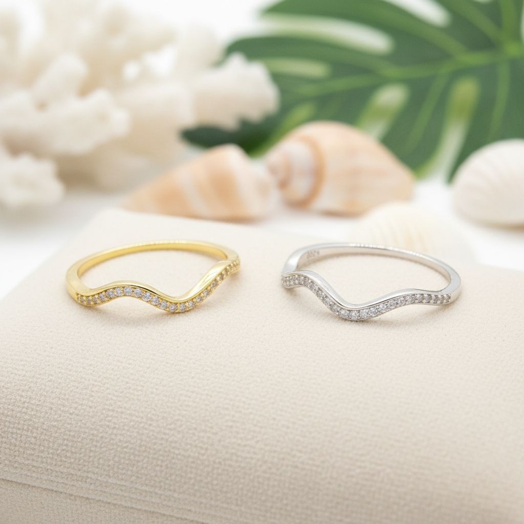 925 Sterling Silver Hawaiian Ocean CZ Line Wave Band Ring