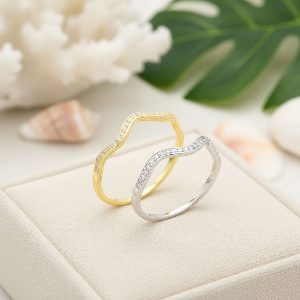 925 Sterling Silver Hawaiian Ocean CZ Line Wave Band Ring