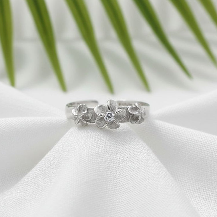 925 Sterling Silver CZ Three Flower Women's Adjustable Toe Cuff Ring