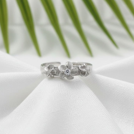 925 Sterling Silver CZ Three Flower Women's Adjustable Toe Cuff Ring