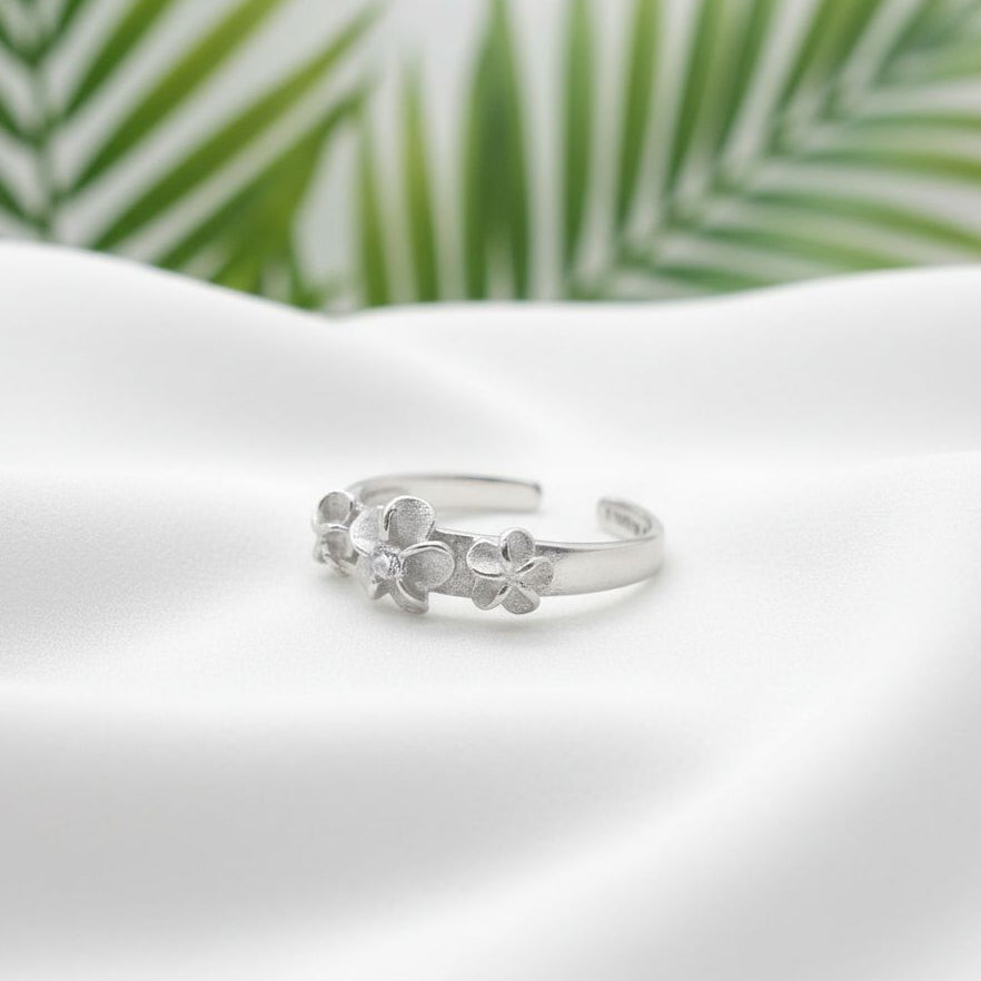 925 Sterling Silver CZ Three Flower Women's Adjustable Toe Cuff Ring