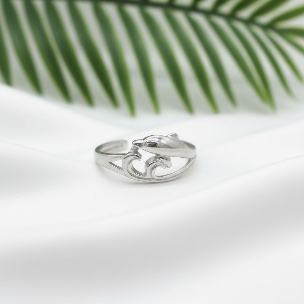 925 Sterling Silver Dolphin Wave Women's Adjustable Toe Cuff Ring