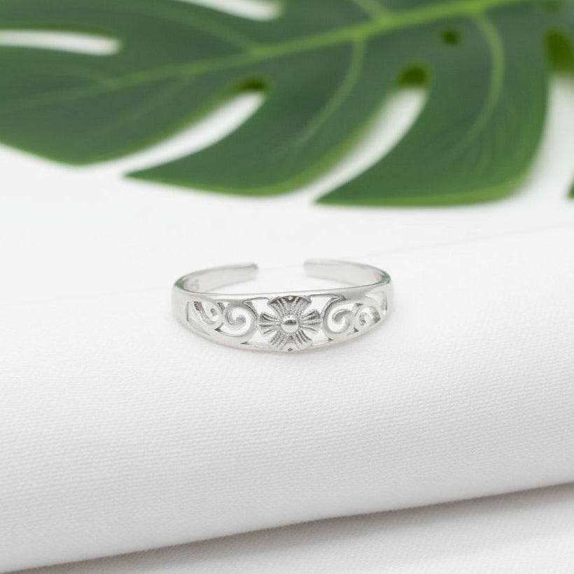 Adjustable Tropical Floral Wave Toe Cuff Ring - 925 Sterling Silver