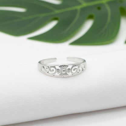 Adjustable Tropical Floral Wave Toe Cuff Ring - 925 Sterling Silver
