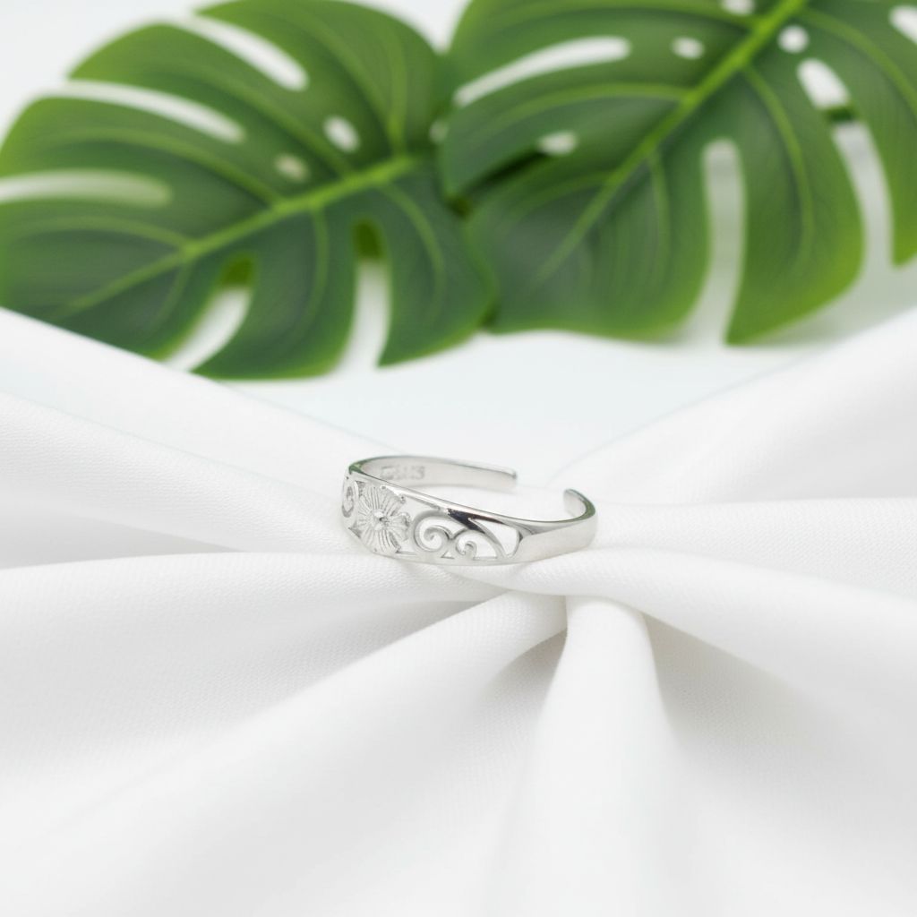 Adjustable Tropical Floral Wave Toe Cuff Ring - 925 Sterling Silver