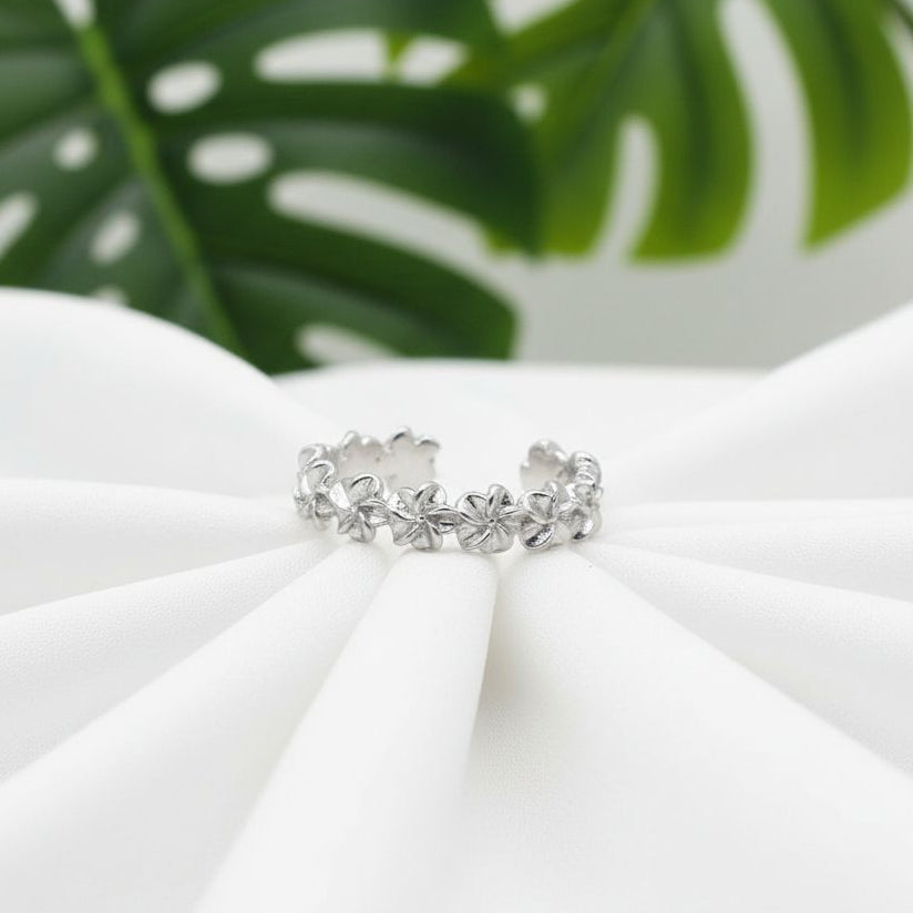 925 Sterling Silver Flower Hawaii Lei Women's Adjustable Toe Cuff Ring