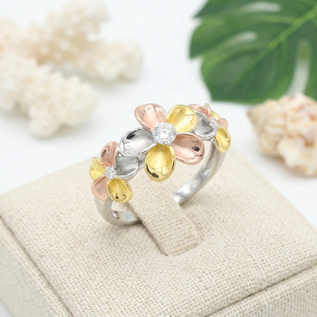 Hawaiian Tri-Color Plumeria Flower Ring - 925 Sterling Silver