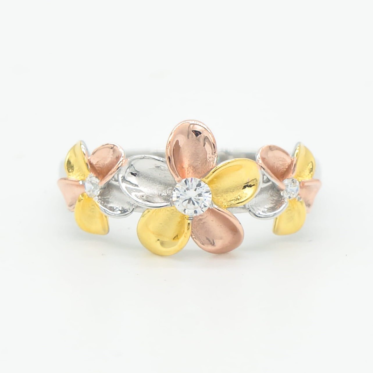 Hawaiian Tri-Color Plumeria Flower Ring - 925 Sterling Silver