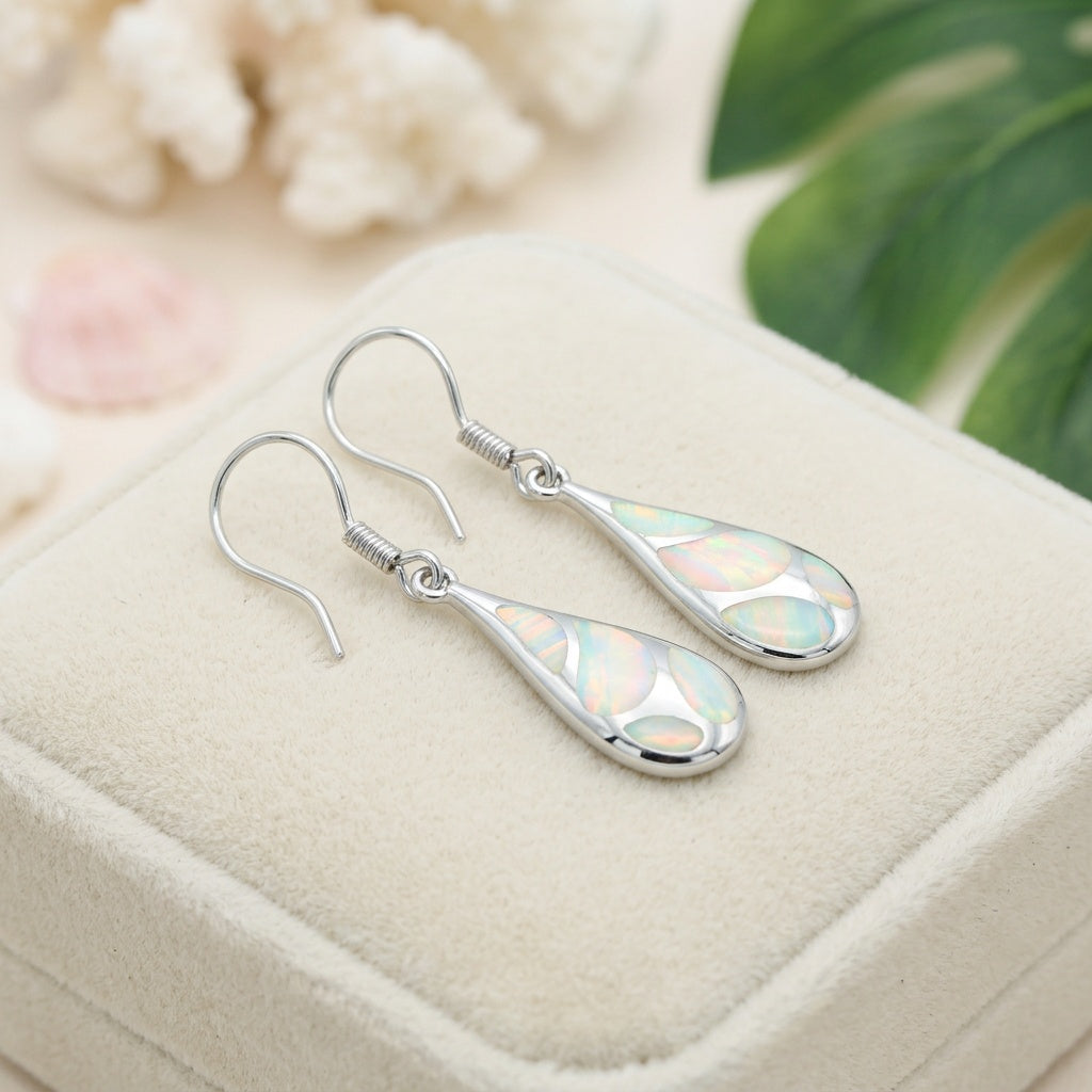 Hawaiian Mosaic Teardrop Opal Stone Dangle Earrings - 925 Sterling Silver