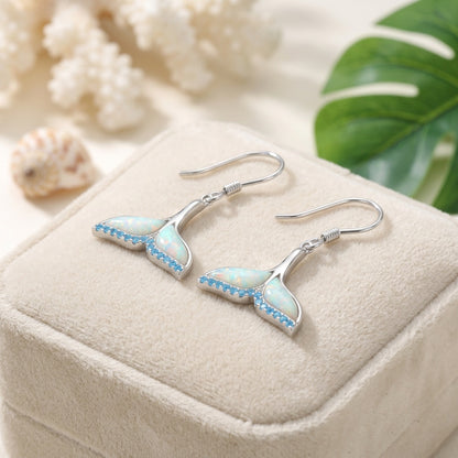 Hawaiian Whale Tail Blue Topaz Accent Opal Stone Dangle Earrings - 925 Sterling Silver