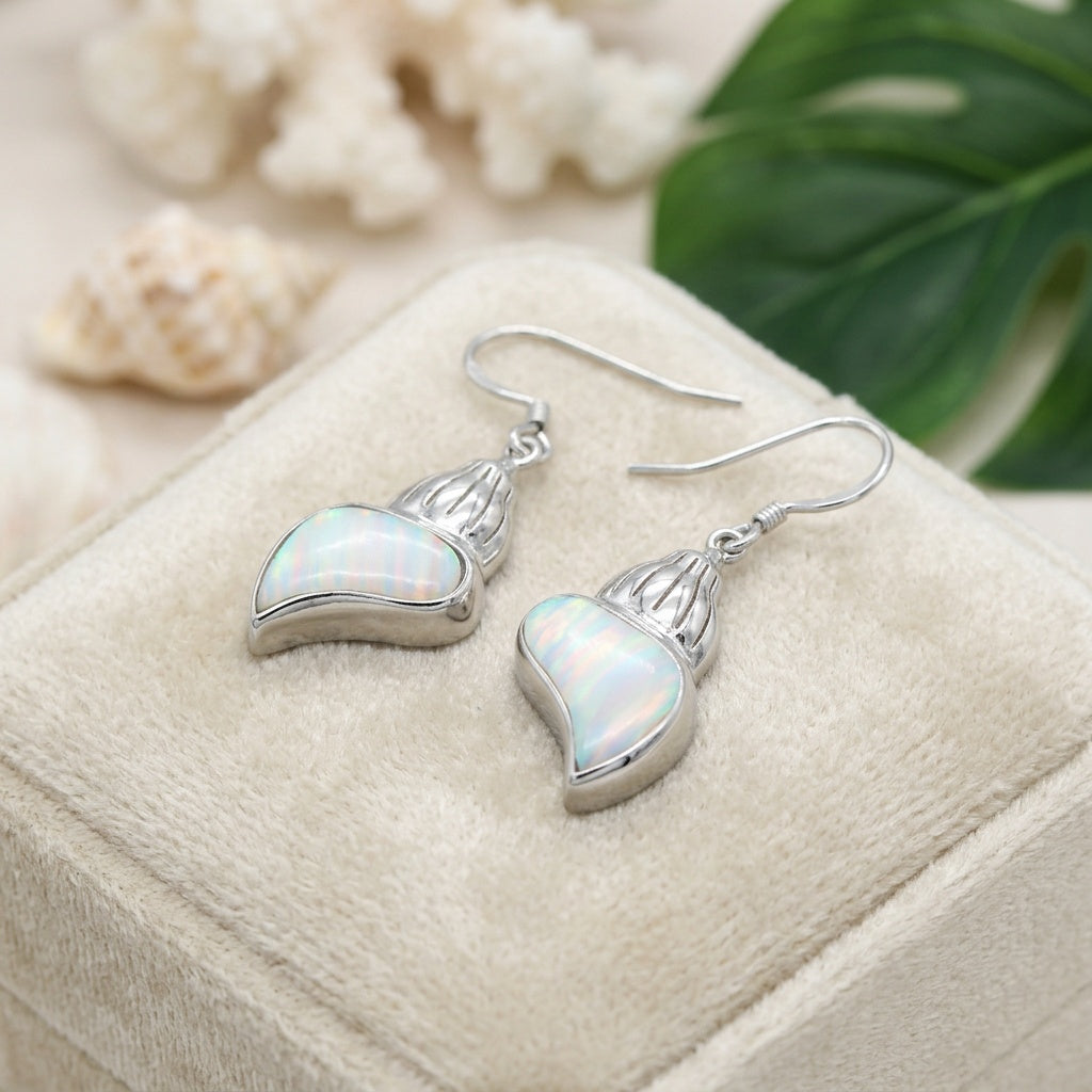 Hawaiian Conch Seashell Opal Stone Dangle Earrings - 925 Sterling Silver