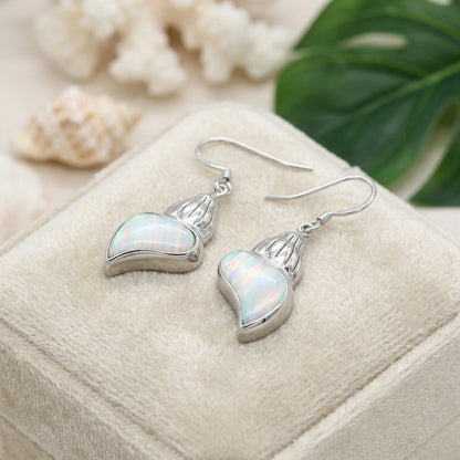 Hawaiian Conch Seashell Opal Stone Dangle Earrings - 925 Sterling Silver